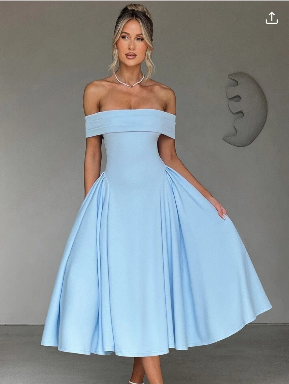 One-Shoulder Off-The-Shoulder Midi Dress in Light Blue